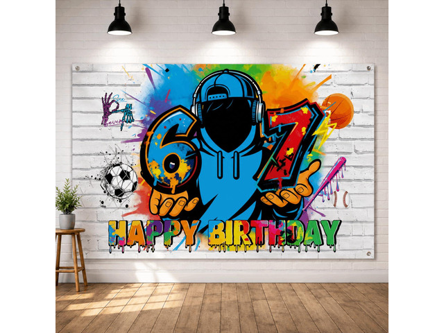 67 Graffiti Birthday Backdrop for Boys, 6-7 Birthday Decorations Banner, Colorful Polyester Happy Birthday Party Background with Grommets, Sports...