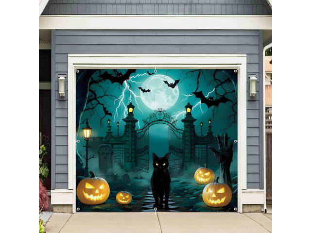 Halloween Garage Door Cover 7x8ft Large Graveyard Backdrop Banner Pumpkin Skull Cat Single Garage Door Decorations Halloween Holiday Party Photo...
