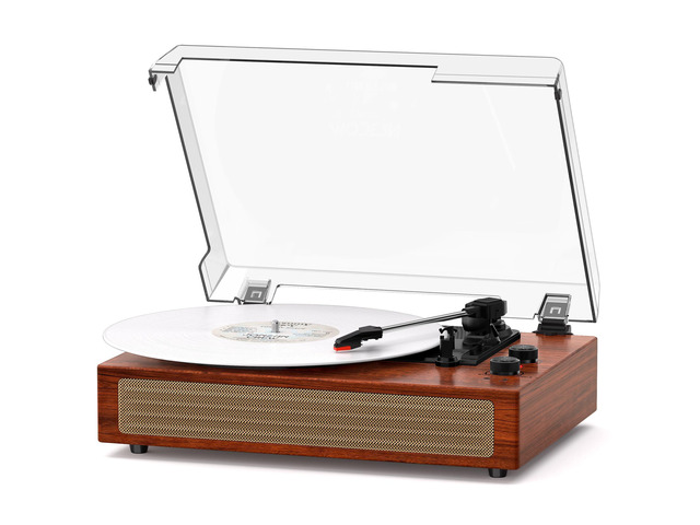 Walnut Bluetooth Record Player, Vintage 3-Speed Turntable Warm walnut wood style with Bluetooth, 3-speed playback, stereo speakers, belt-drive...