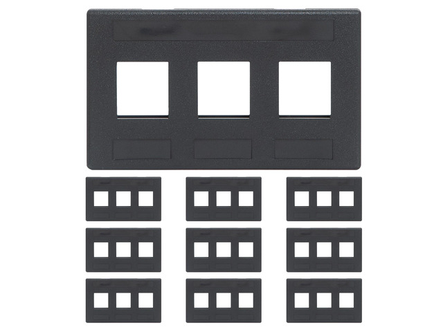 Modular Furniture Faceplate with 3 Ports (10 Pack), TIA Cutout Compatible, 1-Piece Fixed Design, Keystone Jack Support, Black