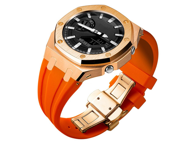 Ga2100 Band Case Strap Mod Kit,Pink Gold Stainless Steel Metal Case Bezel 9 match Color Silicone Band Strap Parts Compatible With Casio G shock...
