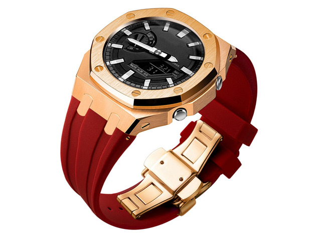 Ga2100 Band Case Strap Mod Kit,Pink Gold Stainless Steel Metal Case Bezel 9 match Color Silicone Band Strap Parts Compatible With Casio G shock...