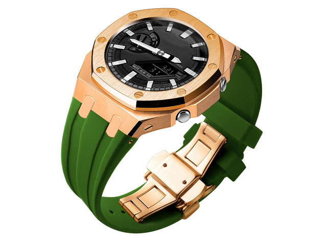 Ga2100 Band Case Strap Mod Kit,Pink Gold Stainless Steel Metal Case Bezel 9 match Color Silicone Band Strap Parts Compatible With Casio G shock...
