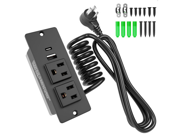 Drawer Outlet Kit, Recessed Drawer Socket with 4 Power Outlets Clutter-Free Power Strip, 2 12 Amp AC Ports USB-A USB-C, 6.9FT Spring Power Cord,...