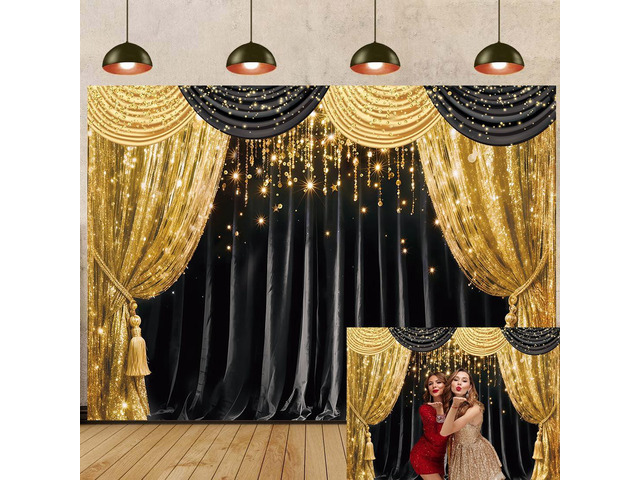 Black Gold Curtain Glitter Spots Theater Stage Backdrop 8x6ft Black Gold Bokeh VIP Birthday Wedding Graduation Carnival Party Decor Banner Photo...