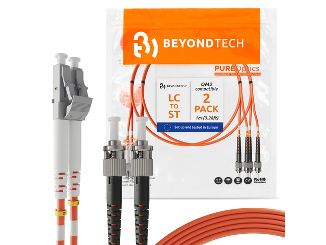 1m (3.28ft) LC to ST Fiber Patch Cable (2-Pack) UPC Multimode Duplex Fiber Optic Cable 50/125µm core, Compatible with OM2 LSZH PUREOptics Series