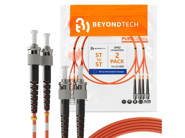 1m (3.28ft) ST to ST Fiber Patch Cable (2-Pack) UPC Multimode Duplex Fiber Optic Cable 50/125µm core, Compatible with OM2 LSZH PUREOptics Series