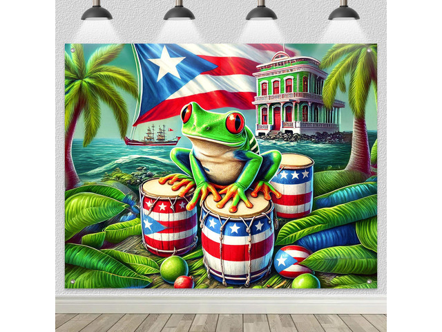 Puerto Rico Backdrop Coqui Frog Flag and Drums 8x6ft Puerto Rico Party Backdrop with Puerto Rican Flag Drums Palm Trees for Cultural Indoor...