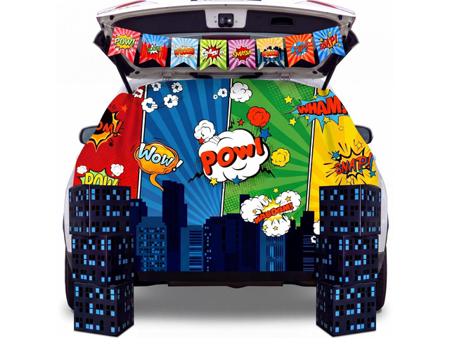 9 Pcs Hero Theme Trunk or Treat Car Decorations Kit with City Backdrop, 6 Skyscraper Boxes & 2 Banners with 13 Flags for SUV Garage Door Outdoor...