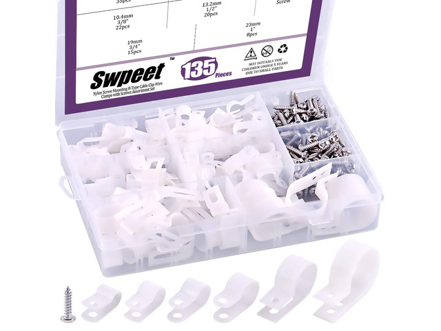 135 Pack 6 Sizes White Nylon Plastic R-Type Cable Clips Clamp Assortment Kit, 1/4' 5/16' 3/8' 1/2' 3/4' 1' Nylon Screw Mounting Cord Fastener Clips...