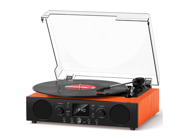 Record Player with Built-in Speakers, Vintage Bluetooth Turntable 3 Speed with USB Recording, RCA Line Out & AXU-in, FM Radio, Bluetooth...