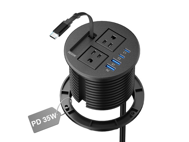 3 1/4' Desk Power Grommet with Retractable Cable 35W 2 USB C, 2 Outlets Flush Mount Recessed Outlet, 2 USB-C PD 35W, 2 USB-A 18W, for Nightstand,...