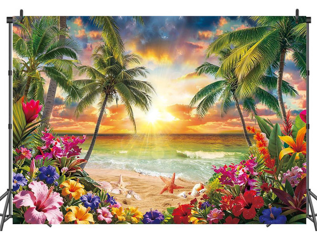 Summer Tropical Hawaiian Beach Sunset Backdrop 8x6ft Summer Sunset Hawaiian Luau Aloha Photography Background,Beach Palm Leaves Party...