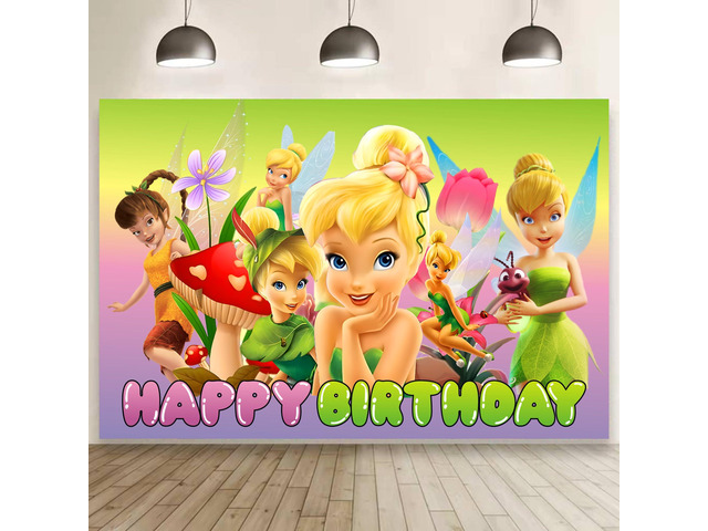 Fairy for Tinkerbell Happy Birthday Backdrop Cartoon Birthday Party Supplies Kawaii Background for Boys Girls,Happy Birthday Banner Backdrop for...