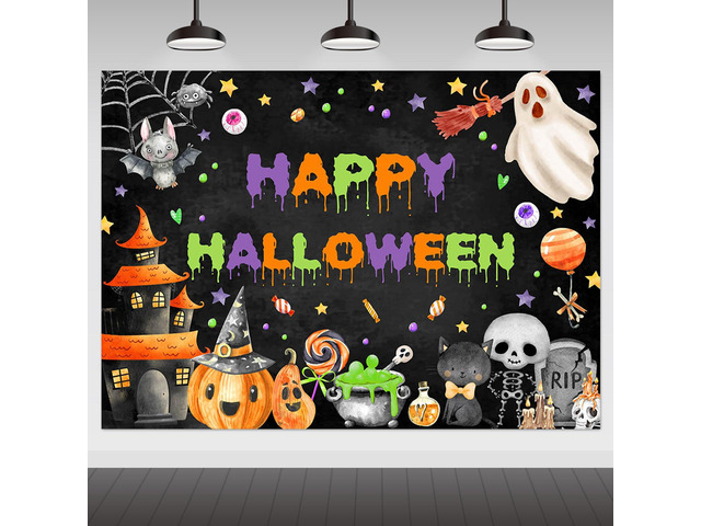 Happy Halloween Backdrop Spooky Ghost Party Banner for Kids 7x5ft, Cotton, Halloween Backdrop, Halloween Birthday Party Decorations, Baby Shower...