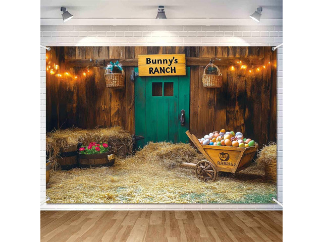 8x6ft Spring Easter Backdrop Banner Rustic Vintage Wooden House Barn Easter Party Decorations Easter Bunny's Ranch Theme Photography Background...
