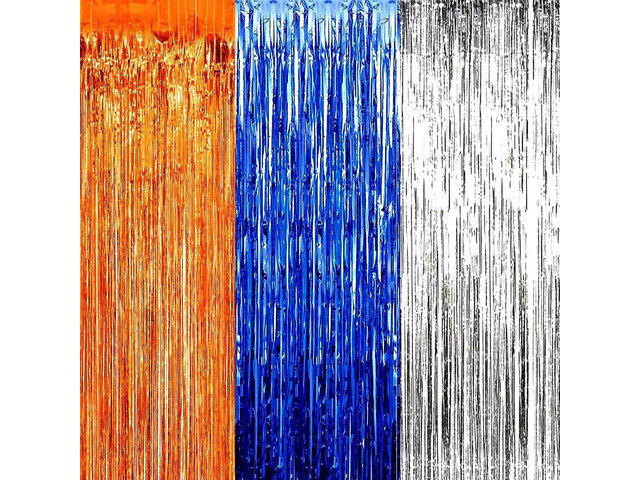 3pcs Blue Orange Silver Tinsel Foil Fringe Curtains Decorations,3.2ft x 8.3ft Curtain School Party Idea Photo Booth Prop Streamer Backdrop for...