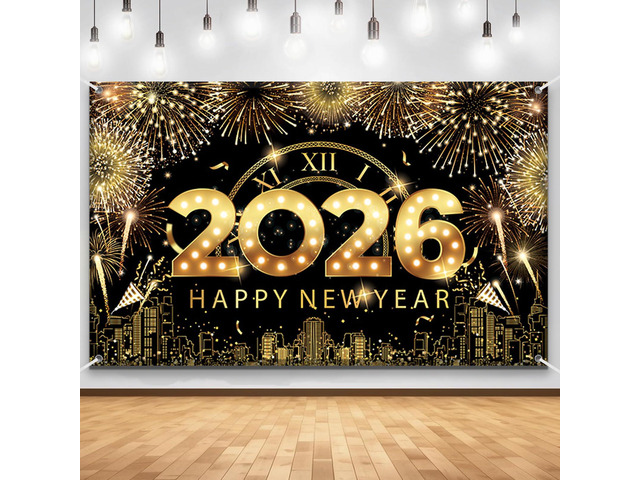 83x59In Happy New Year Banner 2026 Large Backdrop Black & Gold New Years Decorations 2026 New Years Eve Party Supplies Banner for Home, Garden,...