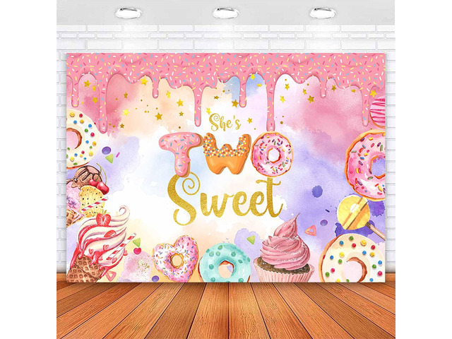Donut Two Sweet Birthday Backdrop Girls 2nd Birthday Party Decorations Photography Background Donut Ice Cream Spinkles Happy Second Birthday Party...