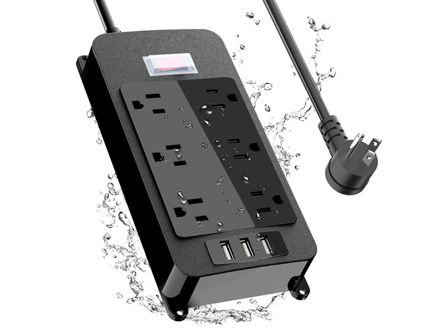 Outdoor Power Strip Weatherproof, 4 Wide AC Outlets Heavy Duty Surge Protector with Flat Plug, Waterproof Shockproof Extension Cord with 2 USB c...