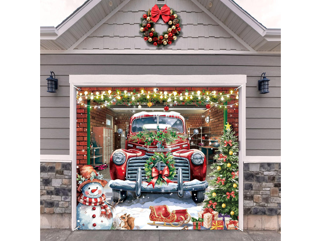 Christmas Garage Door Banner Cover Decorations,7 x 8 Ft Red Truck Christmas Snowman Tree Holiday Garage Door Outdoor Backdrop for Xmas Holiday...