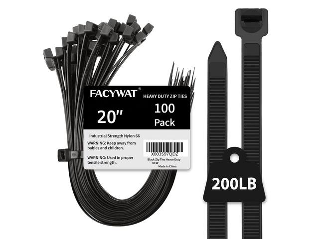 20 inch Black Zip Ties Heavy Duty Outdoor100 PACK, 200 LBS Tensile Strength Large Cable Tie Wraps, Extra Long Wire Ties Plastic UV Resistant Big...