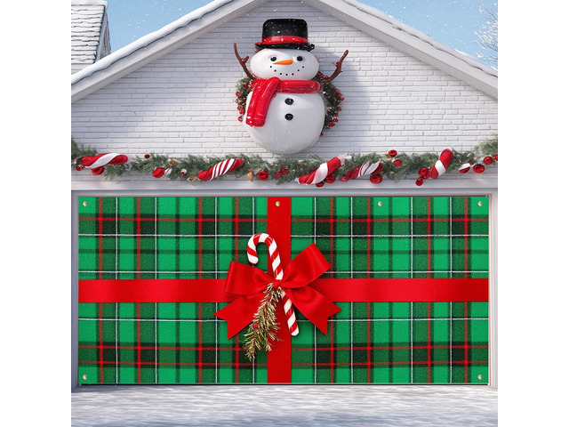 Christmas Bow Garage Door Banner 6x13 ft Plaid Garage Door Wrap With Red Bow and Candy Canes Decorative Christmas Cover Winter Scene Backdrop