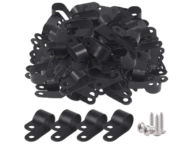 120Pcs 1/2 Inch Black Nylon Screw Mounting R-Type Cable Clip Wire Clamp with 120Pcs Screws for Wire, Cable, Conduit and Cable Conduit Kit (Black)