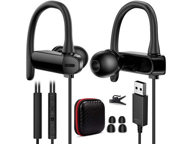 USB Headphone Over-Ear Hook 2.5M 8.2FT Computer Headset Black Mute Mic USBA Earphone in-Ear Noise Canceling Wired Earbuds for...