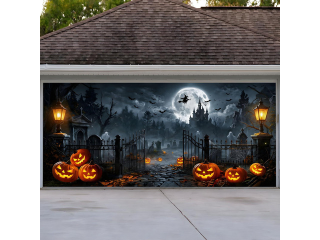 Halloween Garage Door Cover, 7' x 16' Haunted Castle Door Design Dual-Fastening, HD Printing, Cinematic Visuals, Easy Setup & Removal, Premium...