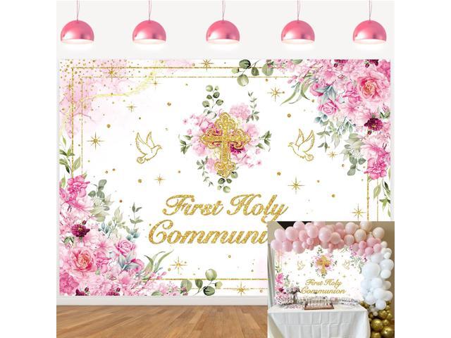 First Holy Communion Backdrop Pink Flower Gold Cross God Bless Photography Background Girls Christening Party Baby Shower Decorations Banner