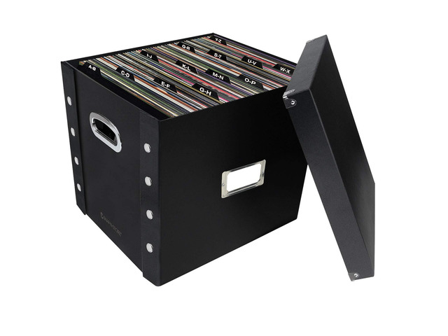 12 In Vinyl Record Box, LP Holder, Lid & Guides, Black Collapsible crate holds up to 75 vinyl albums, snaps together for easy assembly, stylish...