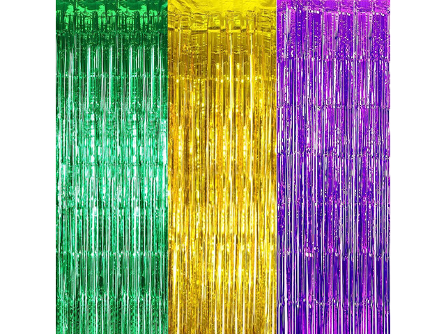 3pcs Green Gold Purple Tinsel Foil Fringe Curtains Decorations,3.2ft x 8.3ft Curtain Mardi Gras Foil Curtains Photo Booth Prop Streamer Backdrop...