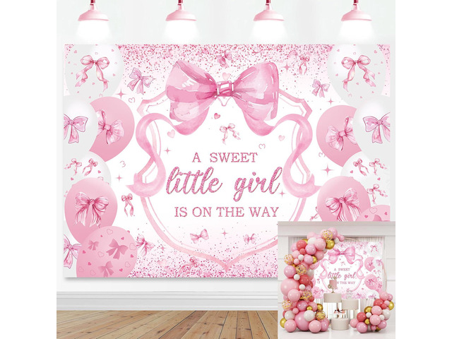 Pink Bow Baby Shower Backdrop for Girls 7x5FT A Sweet Little Girl is On His Way Banner Background Welcome Baby Girl Baby Shower Party Decorations...