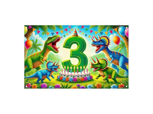 3rd Green Dinosaur Birthday Banner 71x43 Inch Polyester Polyester, green dinosaur 3rd theme, Happy birthday backdrop for porch, hall, garden