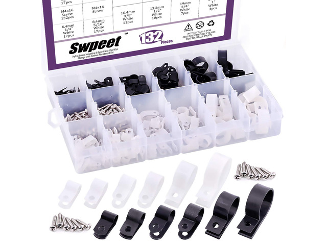 135 Pack 6 Sizes White+Black Nylon Plastic R-Type Cable Clips Clamp Assortment Kit, 3/16' 1/4' 3/8' 1/2' 3/4' 1' Nylon Screw Mounting Cord Fastener...