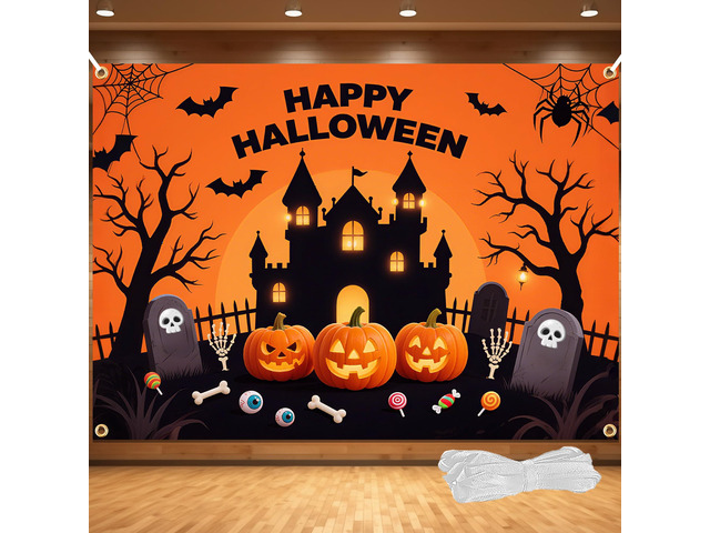 Happy Halloween Backdrop - Extra Large 83 x 59 Inch Halloween Backdrop with 19.69ft Ribbon Spooky Pumpkin & Ghost Decorations for Outdoor &...