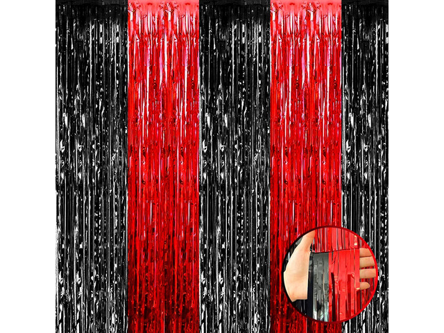 4 Pack Black Red Foil Fringe Curtain Backdrop, 3.28Ft x 9.8Ft Metallic Tinsel Foil Fringe Streamers Curtains for Photo Booth, Wedding, Casino Viva...