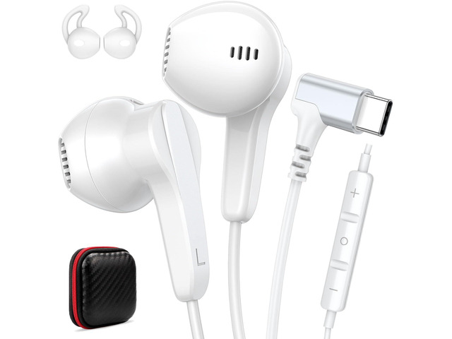 USB C Earbuds Wired C Plug Headphone 90°Right Angle Earphones White Cord Headphones with Microphone Volume Control for iPhone 17 16 15 Pro for...