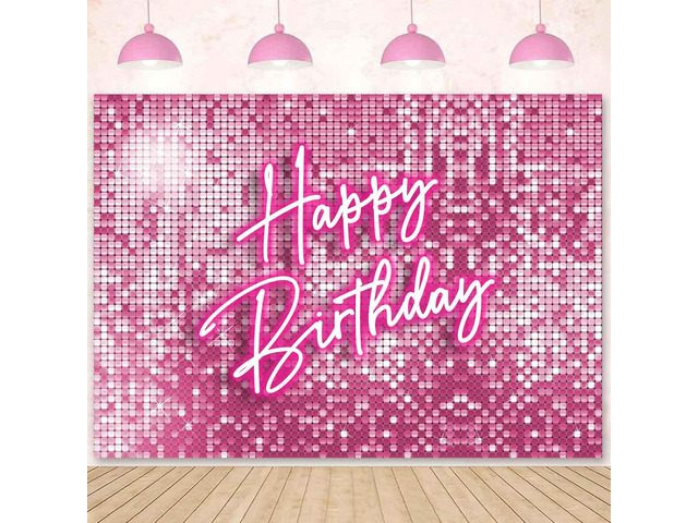 Glitter Pink Happy Birthday Backdrop Banner Decorations for Women,Pink Neon Birthday Backdrops Sign Shining Shimmer Wall Photography Background...