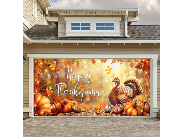 Thanksgiving Garage Door Cover 13x6ft Polyester Banner Polyester, Festive Turkey And Pumpkins Thanksgiving Garage Door Cover For Holiday Party,...