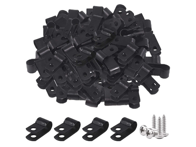 120Pcs 1/4 Inch Black Nylon Screw Mounting R-Type Cable Clip Wire Clamp with 120Pcs Screws for Wire, Cable, Conduit and Cable Conduit Kit (Black)