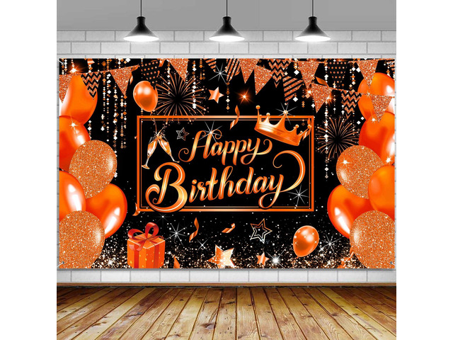 Orange Happy Birthday Party Banner Backdrop, Orange and Black Balloons Large Banner Party Decorations Supplies for Men Women, Birthday Indoor...