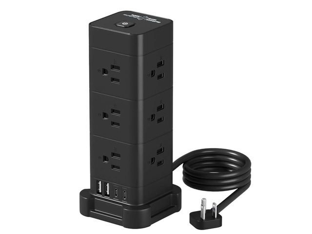 Tower Power Strip with Surge Protection (12 AC, 4 USB, 5ft, Black) Fast Charging, 1875W Overload Protection, for Home Office Dorm Room