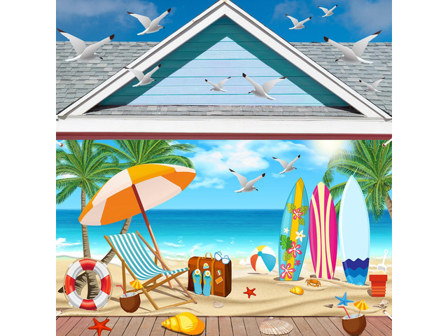 Summer Garage Door Decorations 6 x 13 ft Summer Beach Garage Door Banner Cover Ocean Vacation Beach Backdrop Decoration for Indoor Outdoor...