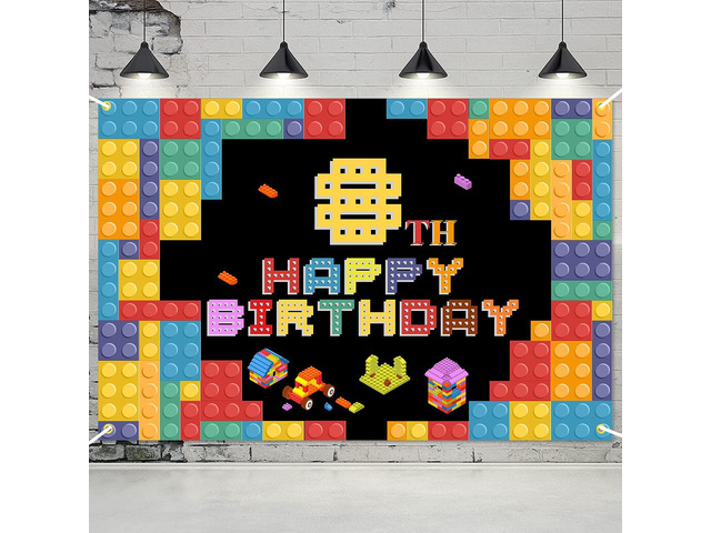 Happy 8th Birthday Lego Theme Birthday Backdrop Banner - 5.9x3.9FT Colorful Building Blocks Party Decorations, Fabric Photo Booth Background Sign...