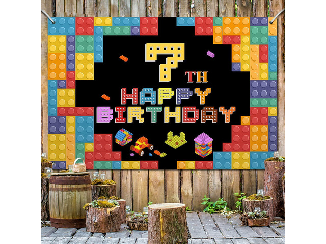 Happy 7th Birthday Lego Theme Birthday Backdrop Banner - 5.9x3.9FT Colorful Building Blocks Party Decorations, Fabric Photo Booth Background Sign...