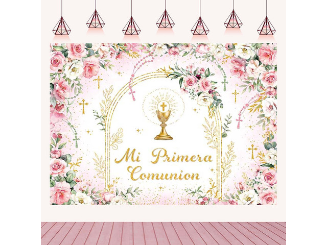 Mi Primera Comunion Backdrop Banner Pink First Holy Communion Background God Bless Christening Comunion Baby Baptism Party Decorations Banner Photo...