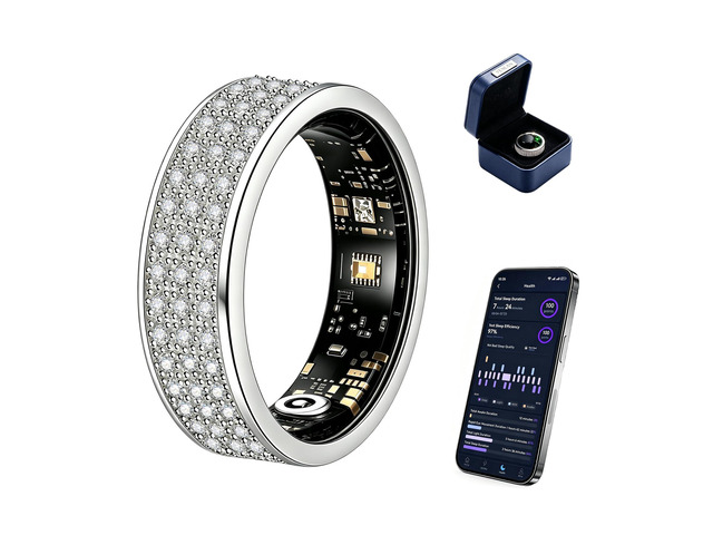 Venlan Smart Ring for Women - Elegant Silver Fitness Ring with 100+ Zirconia Crystals, Dual-Plated Platinum Coating, Real-Time Heart Rate, Sleep &...