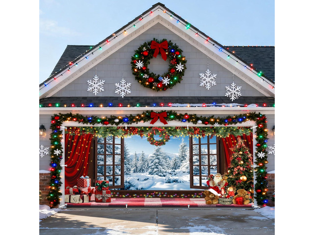 Christmas Garage Door Cover Decorations Banner Polyester 16x7ft Christmas Backdrop, Holiday Garage Door Cover, Double Car, Winter Wonderland...